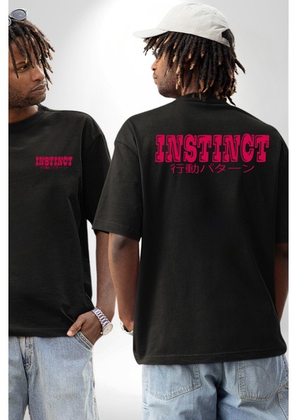 Içgüdü Japon Sade Yazı Kadın Erkek Ön Minimal Sırt Baskılı Siyah Pamuklu Tişört fırsatları