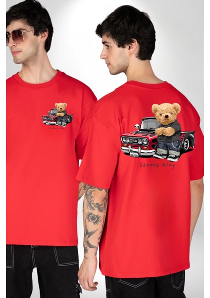 Sokak Kralı Havalı Araba Tatlı Ayı Kadın Erkek Ön Minimal Sırt Baskılı Kırmızı Pamuklu Tişört fırsatları