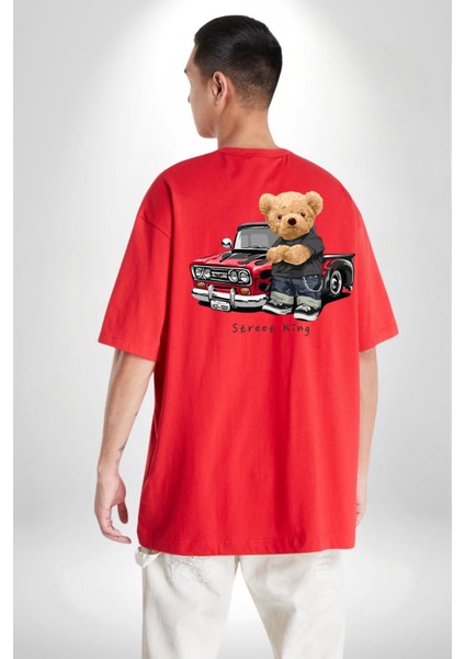 Sokak Kralı Havalı Araba Tatlı Ayı Kadın Erkek Ön Minimal Sırt Baskılı Kırmızı Pamuklu Tişört indirimleri
