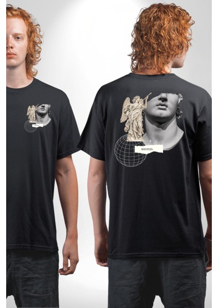 Yunan Heykeli Gezegen Prototip Kadın Erkek Ön Minimal Sırt Baskılı Siyah Pamuklu Tişört