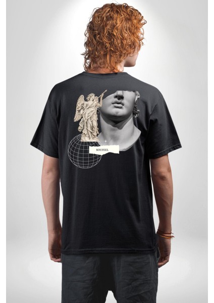 Yunan Heykeli Gezegen Prototip Kadın Erkek Ön Minimal Sırt Baskılı Siyah Pamuklu Tişört fiyatları