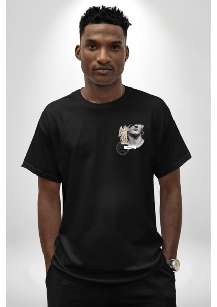 Yunan Heykeli Gezegen Prototip Kadın Erkek Ön Minimal Sırt Baskılı Siyah Pamuklu Tişört modelleri