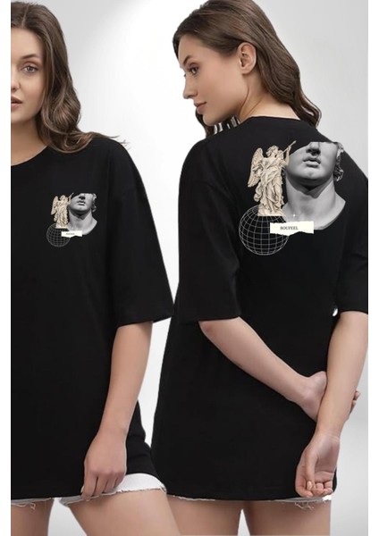 Yunan Heykeli Gezegen Prototip Kadın Erkek Ön Minimal Sırt Baskılı Siyah Pamuklu Tişört fırsatları