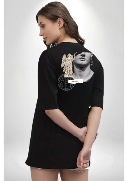 Yunan Heykeli Gezegen Prototip Kadın Erkek Ön Minimal Sırt Baskılı Siyah Pamuklu Tişört indirimleri