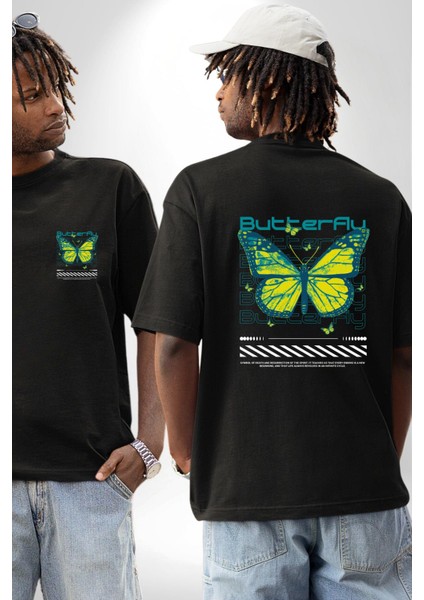 Kelebek Sokak Tarzı Kadın Erkek Ön Minimal Sırt Baskılı Siyah Pamuklu Tişört