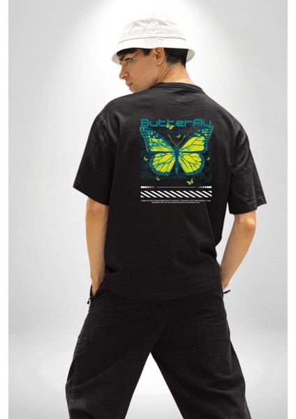 Kelebek Sokak Tarzı Kadın Erkek Ön Minimal Sırt Baskılı Siyah Pamuklu Tişört fiyatları