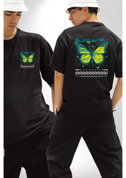 Kelebek Sokak Tarzı Kadın Erkek Ön Minimal Sırt Baskılı Siyah Pamuklu Tişört fırsatları