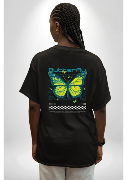 Kelebek Sokak Tarzı Kadın Erkek Ön Minimal Sırt Baskılı Siyah Pamuklu Tişört indirimleri