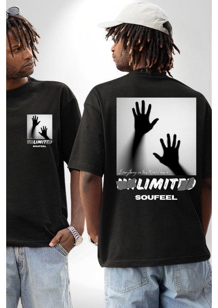 Bu Dünyada Her Şeyin Sınırsız Bir Sayısızlığı Vardır Kadın Erkek Ön Minimal Sırt Baskılı Siyah Pamuklu Tişört