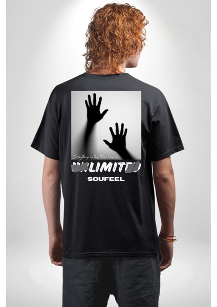 Bu Dünyada Her Şeyin Sınırsız Bir Sayısızlığı Vardır Kadın Erkek Ön Minimal Sırt Baskılı Siyah Pamuklu Tişört fiyatları