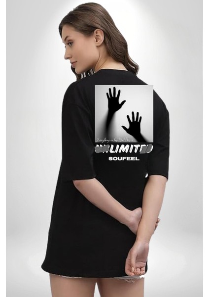 Bu Dünyada Her Şeyin Sınırsız Bir Sayısızlığı Vardır Kadın Erkek Ön Minimal Sırt Baskılı Siyah Pamuklu Tişört indirimleri