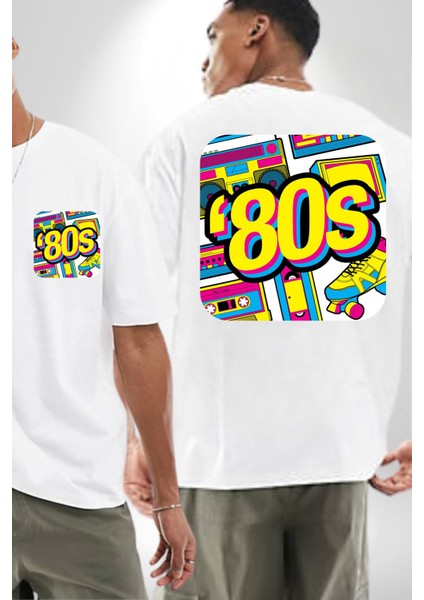 Seksenler Eski Tarz Kadın Erkek Ön Minimal Sırt Baskılı Beyaz Pamuklu Tişört