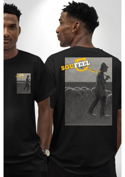 Modern Sanat Çoban Tasarımı Kadın Erkek Ön Minimal Sırt Baskılı Siyah Pamuklu Tişört