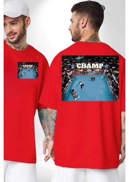 Boks Şampiyonu Muhammed Ali Kadın Erkek Ön Minimal Sırt Baskılı Kırmızı Pamuklu Tişört