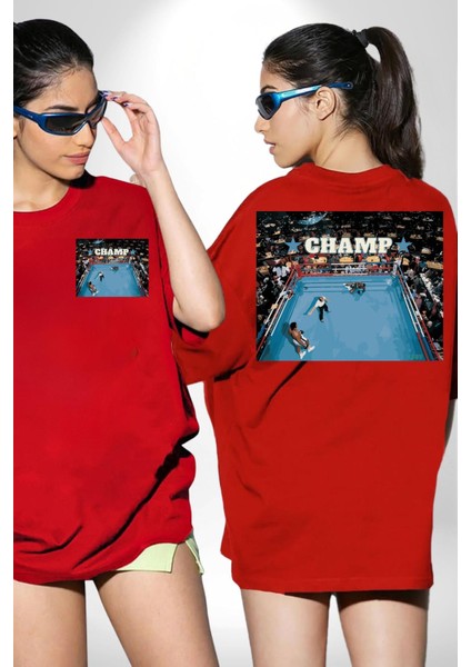 Boks Şampiyonu Muhammed Ali Kadın Erkek Ön Minimal Sırt Baskılı Kırmızı Pamuklu Tişört fiyatları