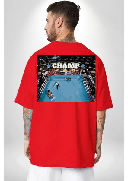 Boks Şampiyonu Muhammed Ali Kadın Erkek Ön Minimal Sırt Baskılı Kırmızı Pamuklu Tişört modelleri