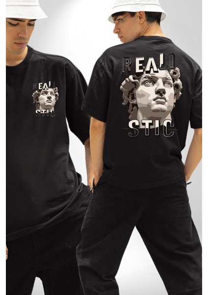 Gerçekçi Yakışıklı Roma Antik Heykel Kadın Erkek Ön Minimal Sırt Baskılı Siyah Pamuklu Tişört