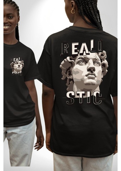 Gerçekçi Yakışıklı Roma Antik Heykel Kadın Erkek Ön Minimal Sırt Baskılı Siyah Pamuklu Tişört fırsatları