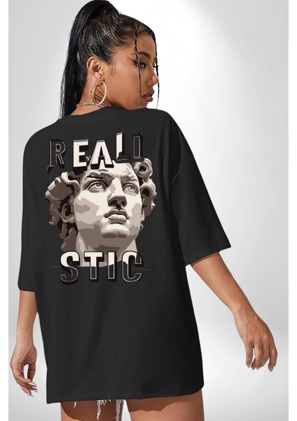 Gerçekçi Yakışıklı Roma Antik Heykel Kadın Erkek Ön Minimal Sırt Baskılı Siyah Pamuklu Tişört indirimleri