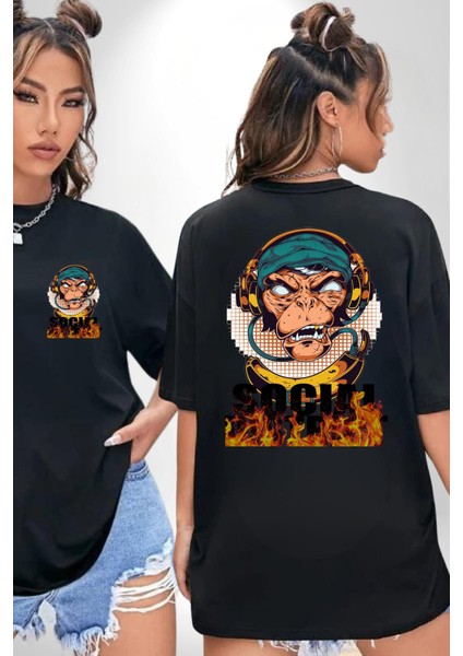 Sosyal Çılgın Dj Maymun Kadın Erkek Ön Minimal Sırt Baskılı Siyah Pamuklu Tişört