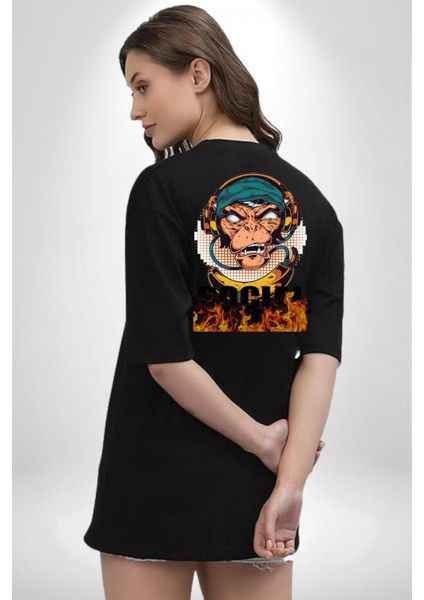 Sosyal Çılgın Dj Maymun Kadın Erkek Ön Minimal Sırt Baskılı Siyah Pamuklu Tişört fiyatları