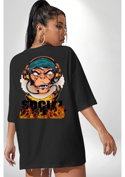 Sosyal Çılgın Dj Maymun Kadın Erkek Ön Minimal Sırt Baskılı Siyah Pamuklu Tişört indirimleri