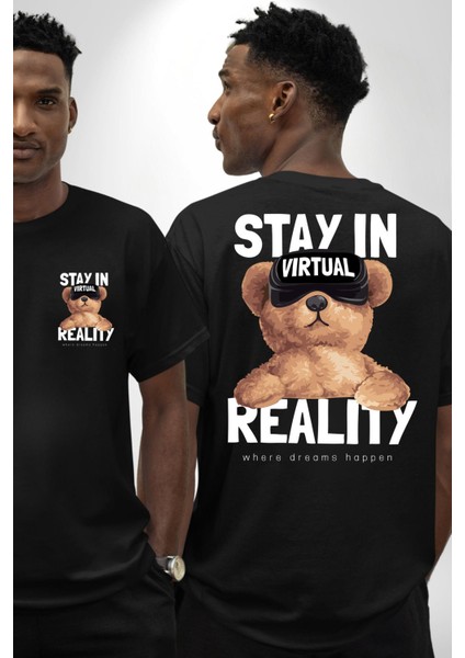 Sanal Gerçeklikte Kalmak Oyuncak Ayı Kadın Erkek Ön Minimal Sırt Baskılı Siyah Pamuklu Tişört