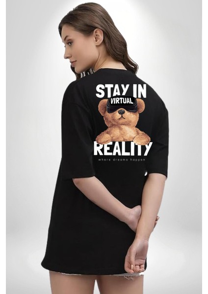 Sanal Gerçeklikte Kalmak Oyuncak Ayı Kadın Erkek Ön Minimal Sırt Baskılı Siyah Pamuklu Tişört fiyatları