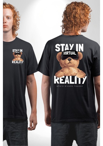 Sanal Gerçeklikte Kalmak Oyuncak Ayı Kadın Erkek Ön Minimal Sırt Baskılı Siyah Pamuklu Tişört fırsatları