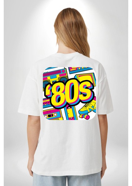 Seksenler Eski Tarz Kadın Erkek Ön Minimal Sırt Baskılı Beyaz Pamuklu Tişört fiyatları