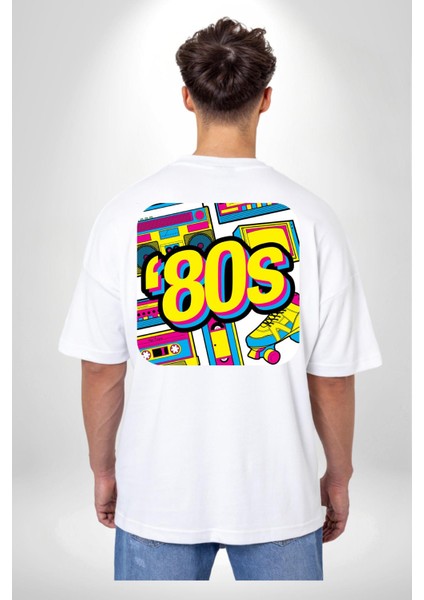 Seksenler Eski Tarz Kadın Erkek Ön Minimal Sırt Baskılı Beyaz Pamuklu Tişört fırsatları