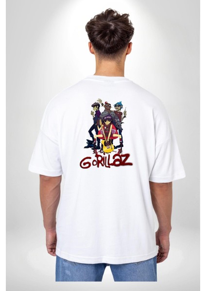 Gorillaz Anime Müzik Grubu Punk Kadın Erkek Ön Minimal Sırt Baskılı Beyaz Pamuklu Tişört fiyatları