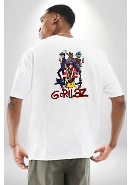 Gorillaz Anime Müzik Grubu Punk Kadın Erkek Ön Minimal Sırt Baskılı Beyaz Pamuklu Tişört indirimleri