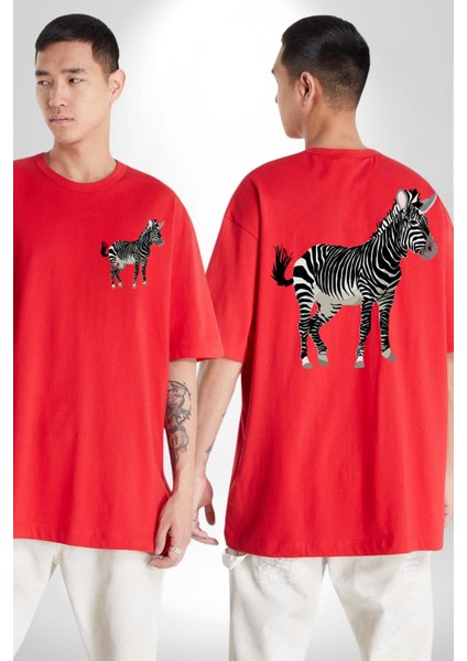 Vahşi Orman Zebra Kadın Erkek Ön Minimal Sırt Baskılı Kırmızı Pamuklu Tişört