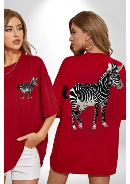 Vahşi Orman Zebra Kadın Erkek Ön Minimal Sırt Baskılı Kırmızı Pamuklu Tişört fırsatları
