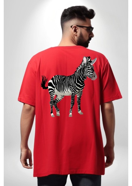 Vahşi Orman Zebra Kadın Erkek Ön Minimal Sırt Baskılı Kırmızı Pamuklu Tişört indirimleri
