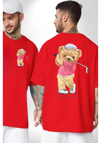 Golf Oynayan Oyuncak Ayı Kadın Erkek Ön Minimal Sırt Baskılı Kırmızı Pamuklu Tişört