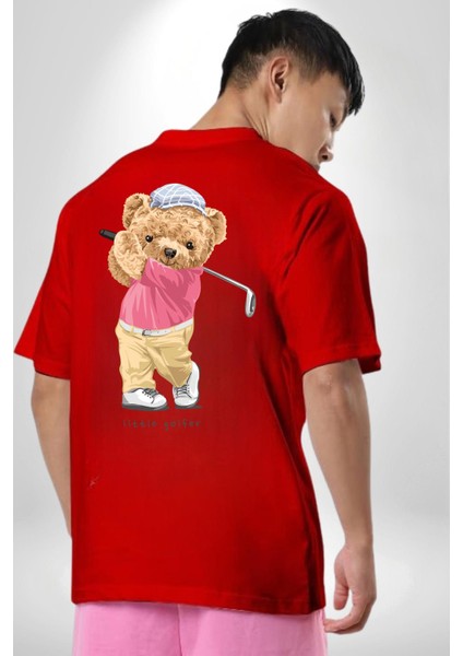 Golf Oynayan Oyuncak Ayı Kadın Erkek Ön Minimal Sırt Baskılı Kırmızı Pamuklu Tişört fiyatları