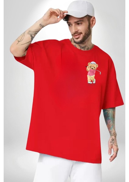 Golf Oynayan Oyuncak Ayı Kadın Erkek Ön Minimal Sırt Baskılı Kırmızı Pamuklu Tişört modelleri