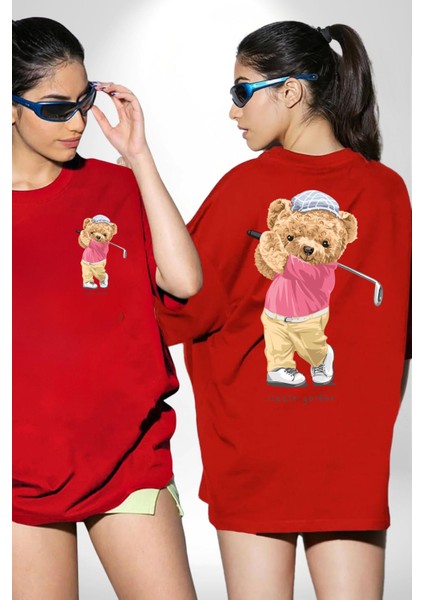 Golf Oynayan Oyuncak Ayı Kadın Erkek Ön Minimal Sırt Baskılı Kırmızı Pamuklu Tişört fırsatları