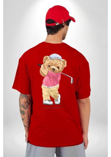 Golf Oynayan Oyuncak Ayı Kadın Erkek Ön Minimal Sırt Baskılı Kırmızı Pamuklu Tişört indirimleri