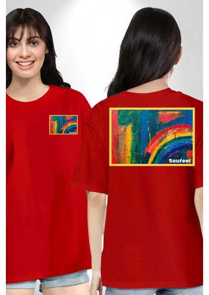 Modern Sanat Tablosu Kadın Erkek Ön Minimal Sırt Baskılı Kırmızı Pamuklu Tişört