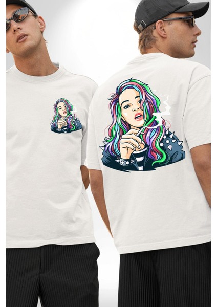 Havalı Deri Ceketli Renkli Saçlı Kız Kadın Erkek Ön Minimal Sırt Baskılı Beyaz Pamuklu Tişört