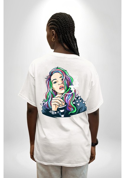 Havalı Deri Ceketli Renkli Saçlı Kız Kadın Erkek Ön Minimal Sırt Baskılı Beyaz Pamuklu Tişört fiyatları