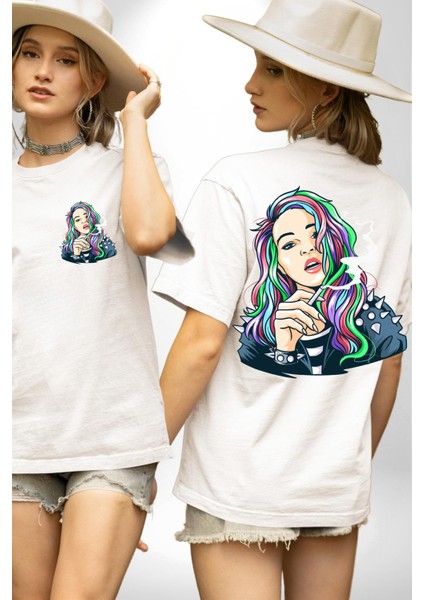 Havalı Deri Ceketli Renkli Saçlı Kız Kadın Erkek Ön Minimal Sırt Baskılı Beyaz Pamuklu Tişört fırsatları