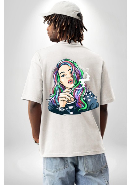 Havalı Deri Ceketli Renkli Saçlı Kız Kadın Erkek Ön Minimal Sırt Baskılı Beyaz Pamuklu Tişört indirimleri