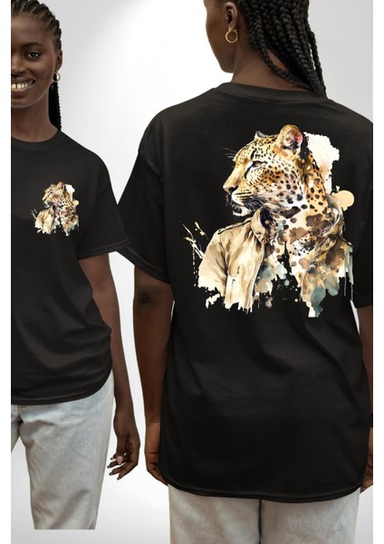 Tarz Leopar Ceketli Çizim Kadın Erkek Ön Minimal Sırt Baskılı Siyah Pamuklu Tişört
