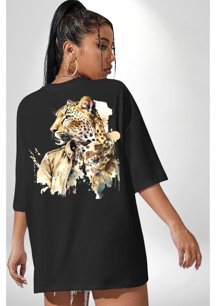 Tarz Leopar Ceketli Çizim Kadın Erkek Ön Minimal Sırt Baskılı Siyah Pamuklu Tişört fiyatları