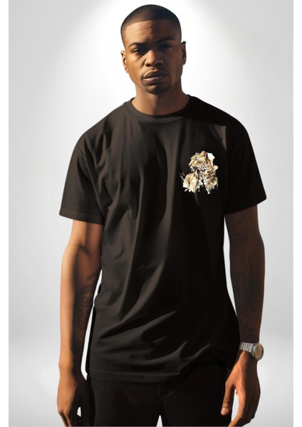 Tarz Leopar Ceketli Çizim Kadın Erkek Ön Minimal Sırt Baskılı Siyah Pamuklu Tişört modelleri