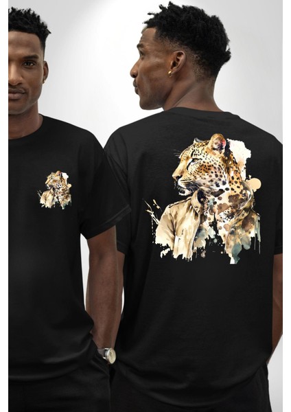 Tarz Leopar Ceketli Çizim Kadın Erkek Ön Minimal Sırt Baskılı Siyah Pamuklu Tişört fırsatları